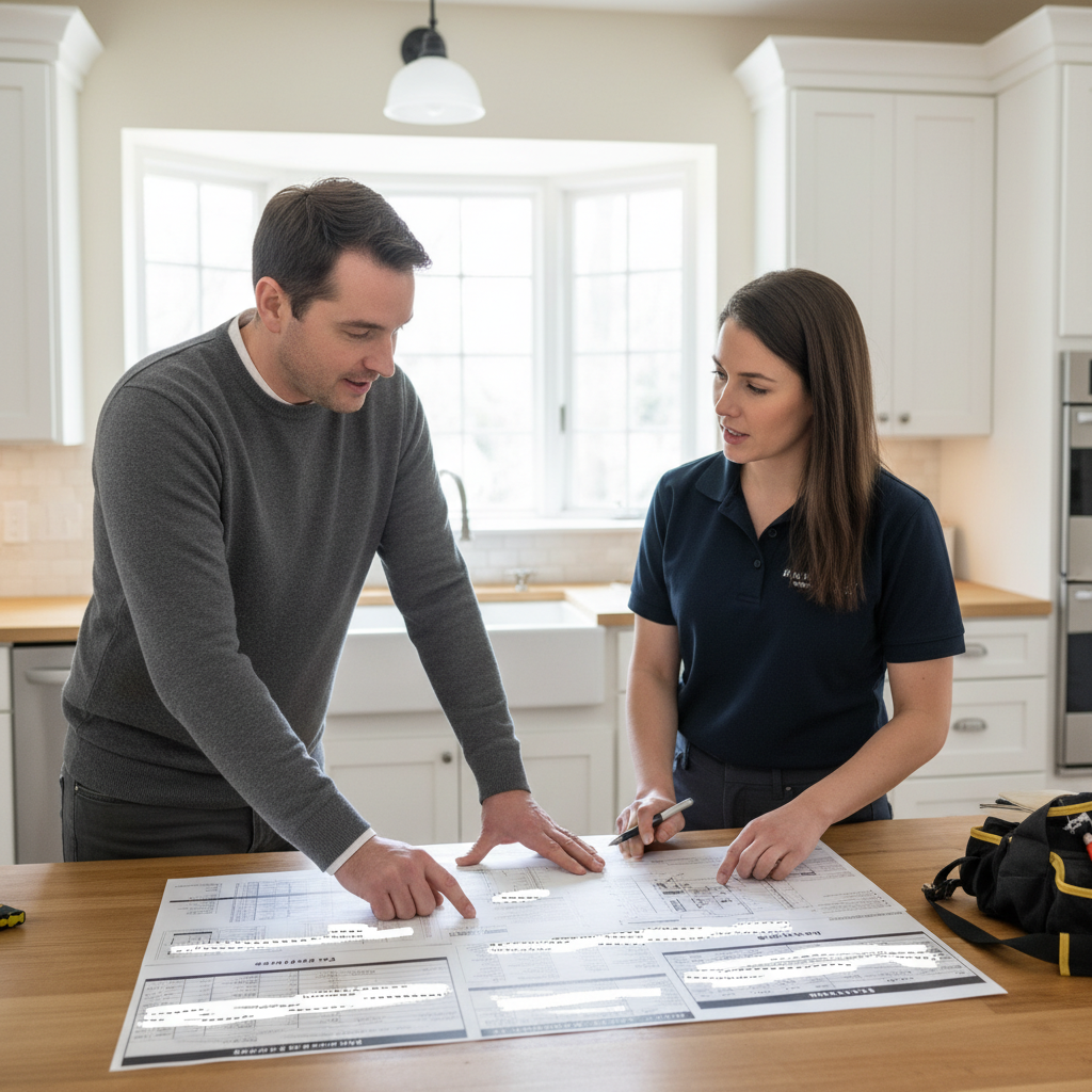 Homeowner and electrician reviewing project estimate document.
