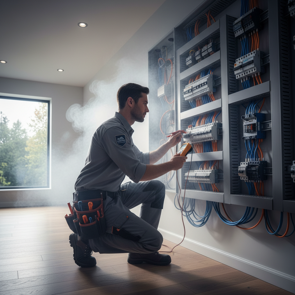 Baltimore County electrician inspecting home wiring with digital multimeter.
