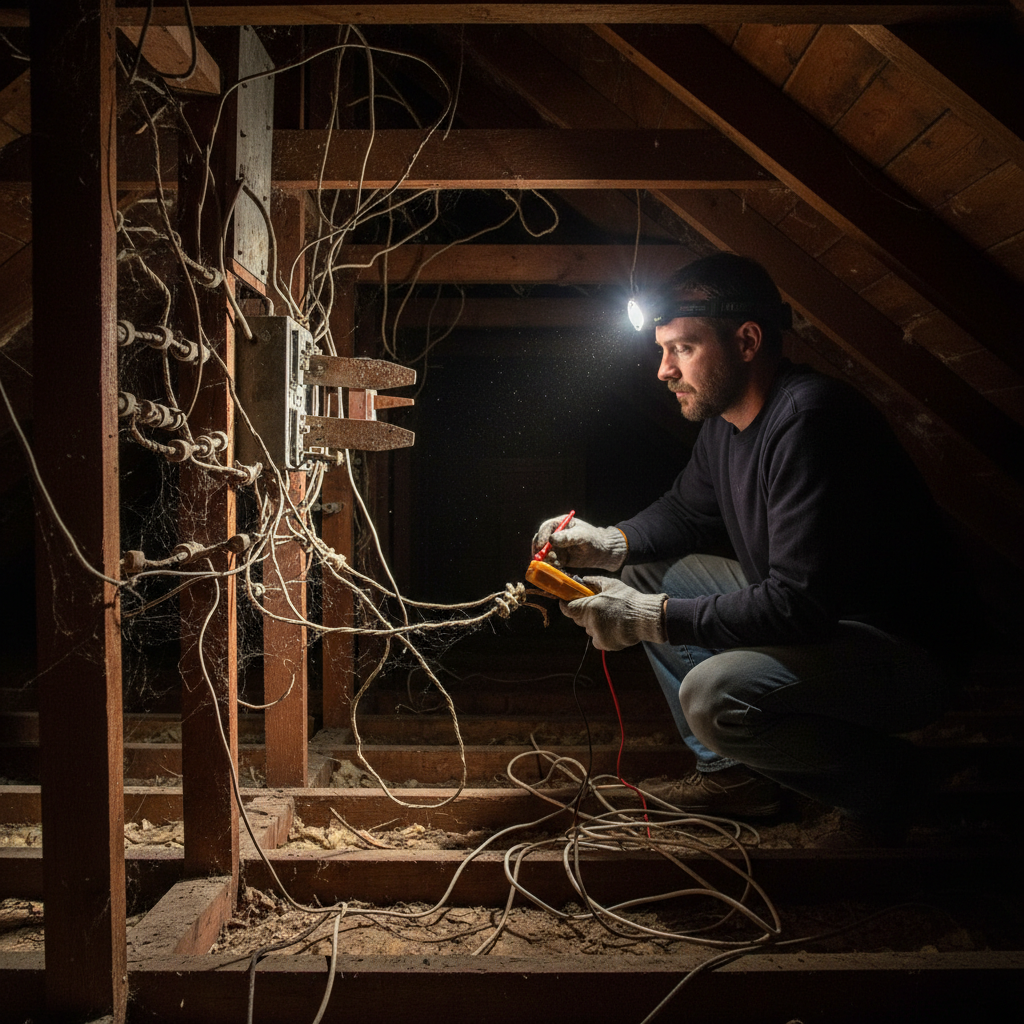 Electrician examining knob-and-tube wiring in old attic.