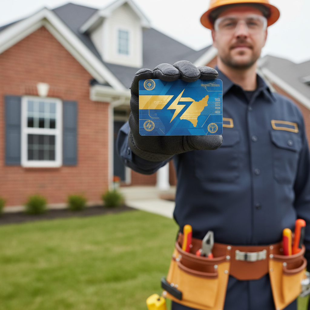 Electrician holding Maryland Master General License near suburban home.