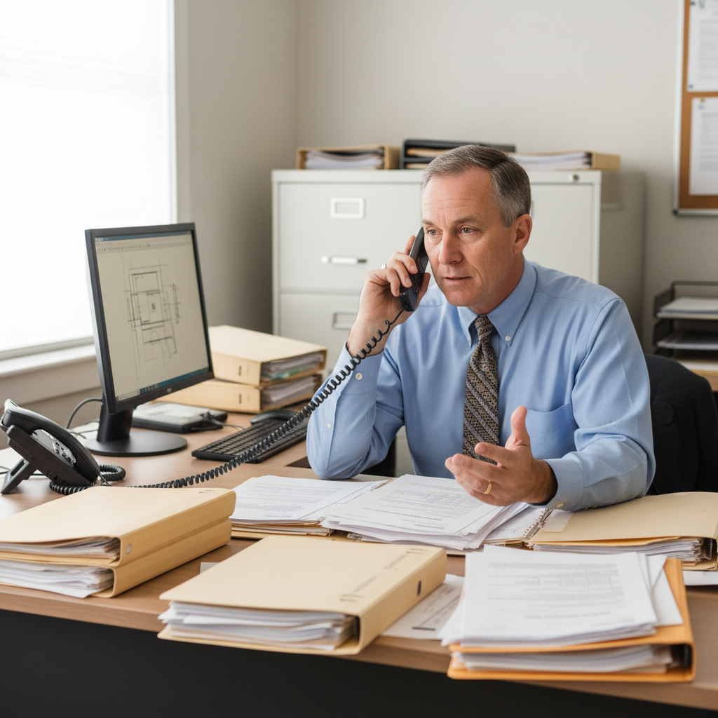 Inspector in office discussing electrical permits over phone.
