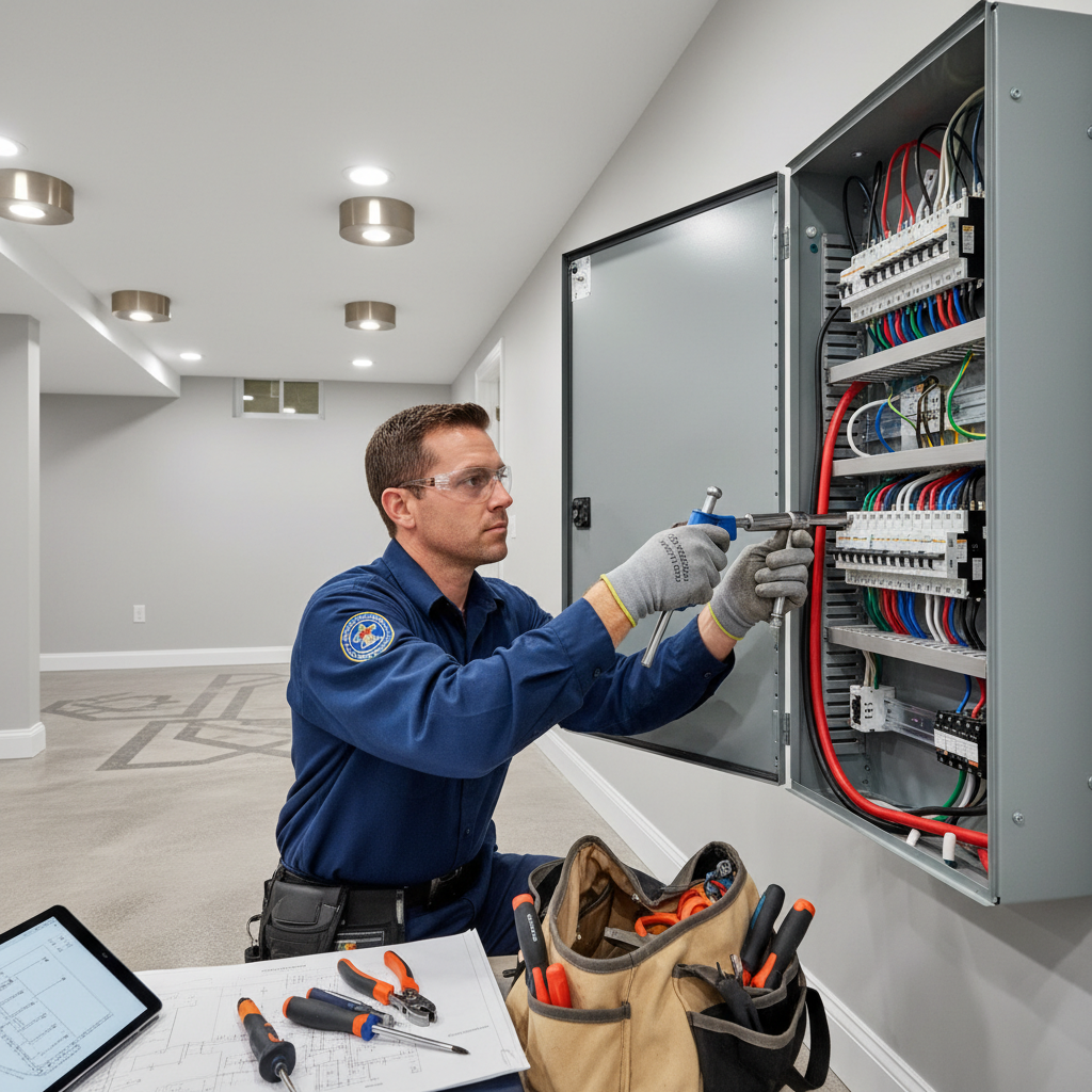 Electrician installing new electrical panel in Baltimore County home.