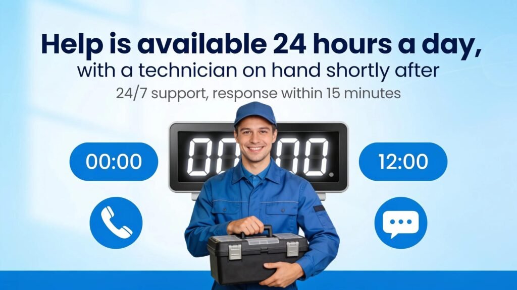 Help is available 24 hours a day, with a technician on hand shortly after